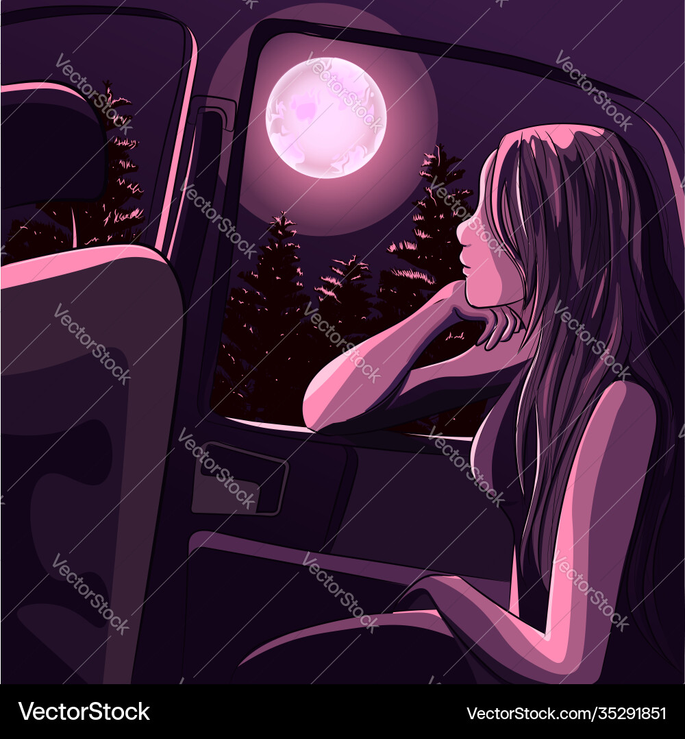 Girl meditating under moon inside car Girl meditating under moon inside car vector image