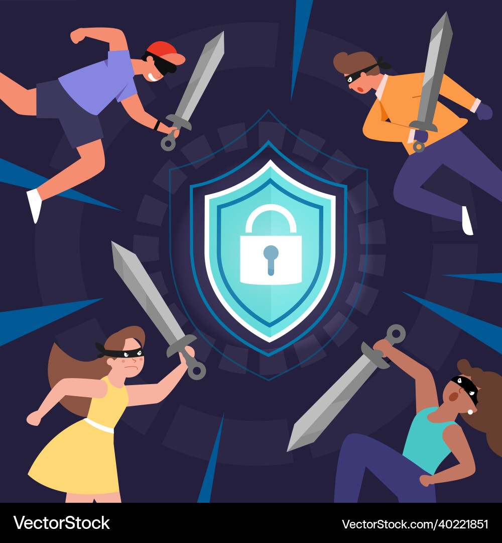 Hackers attacking shield defenses to gain access Hackers attacking shield defenses to gain access vector image