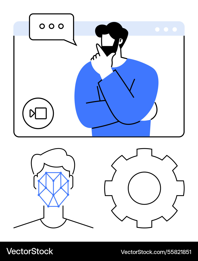 Man thinking during video call with ai face vector image