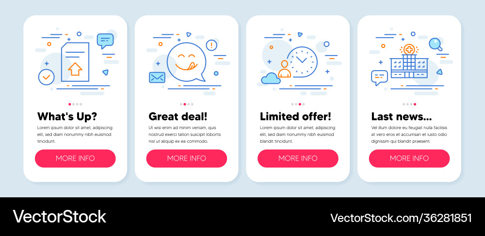 Set line icons such as upload file time Set line icons such as upload file time vector image