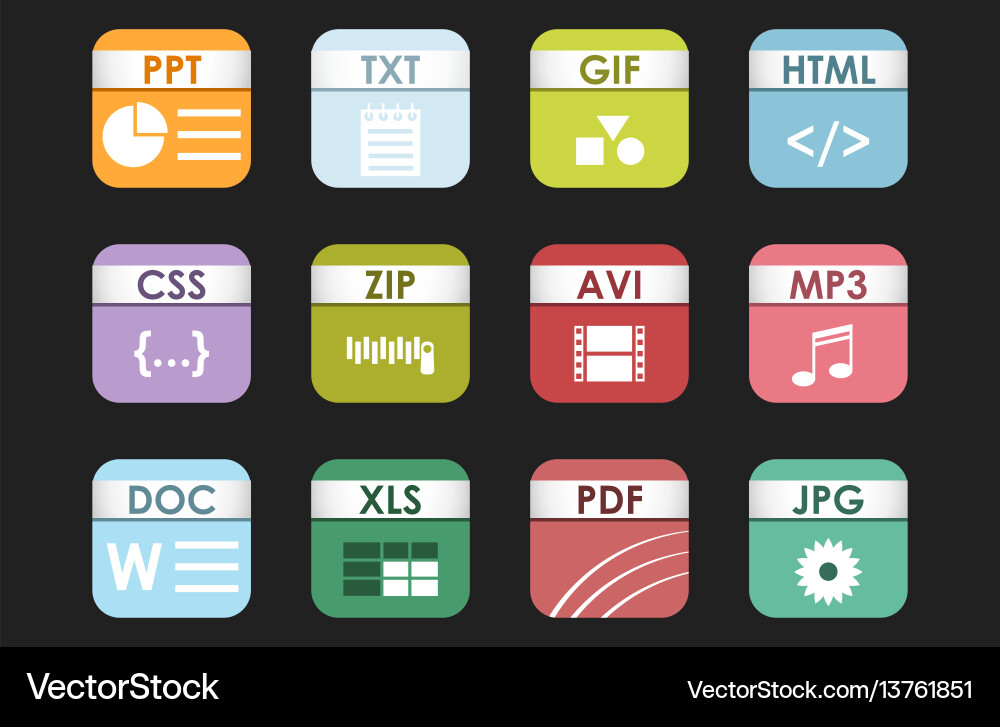 Simple square file types formats labels icon set Simple square file types formats labels icon set vector image