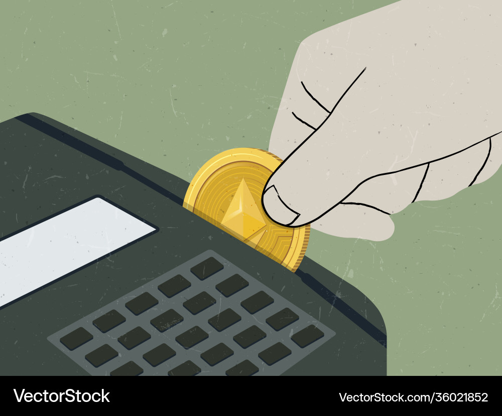 Hands swiping ethereum coin in swipe machine Hands swiping ethereum coin in swipe machine vector image