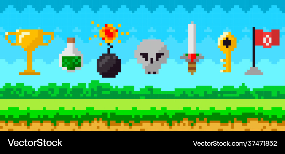 Pixel art game background with reward object Pixel art game background with reward object vector image
