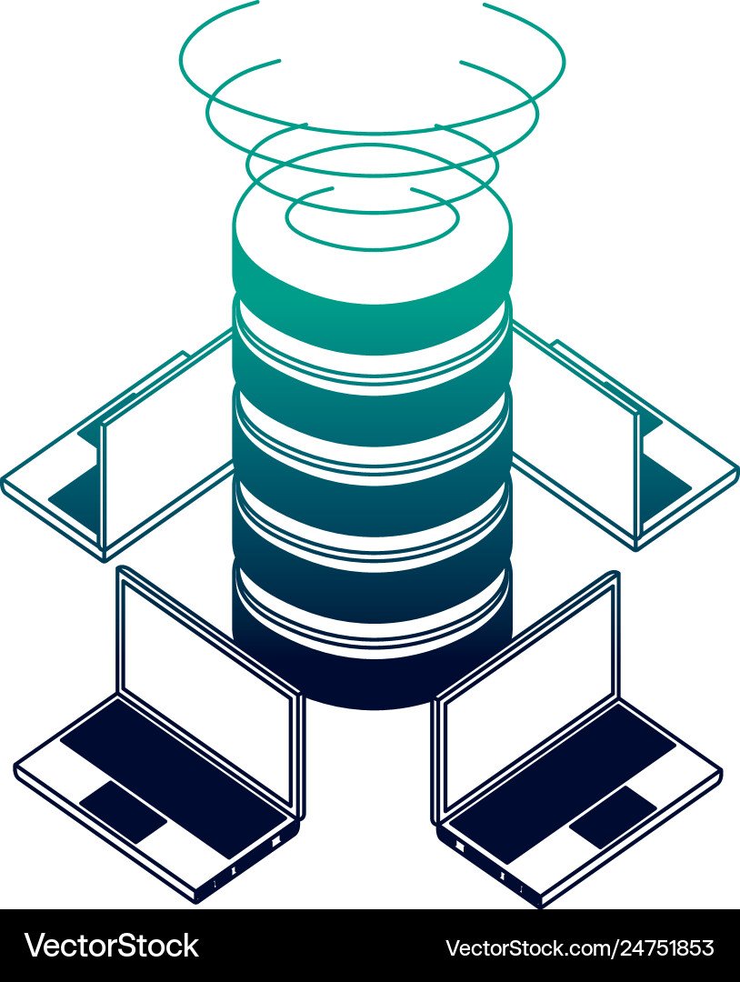 Data center disks with laptops computers isometric Data center disks with laptops computers isometric vector image