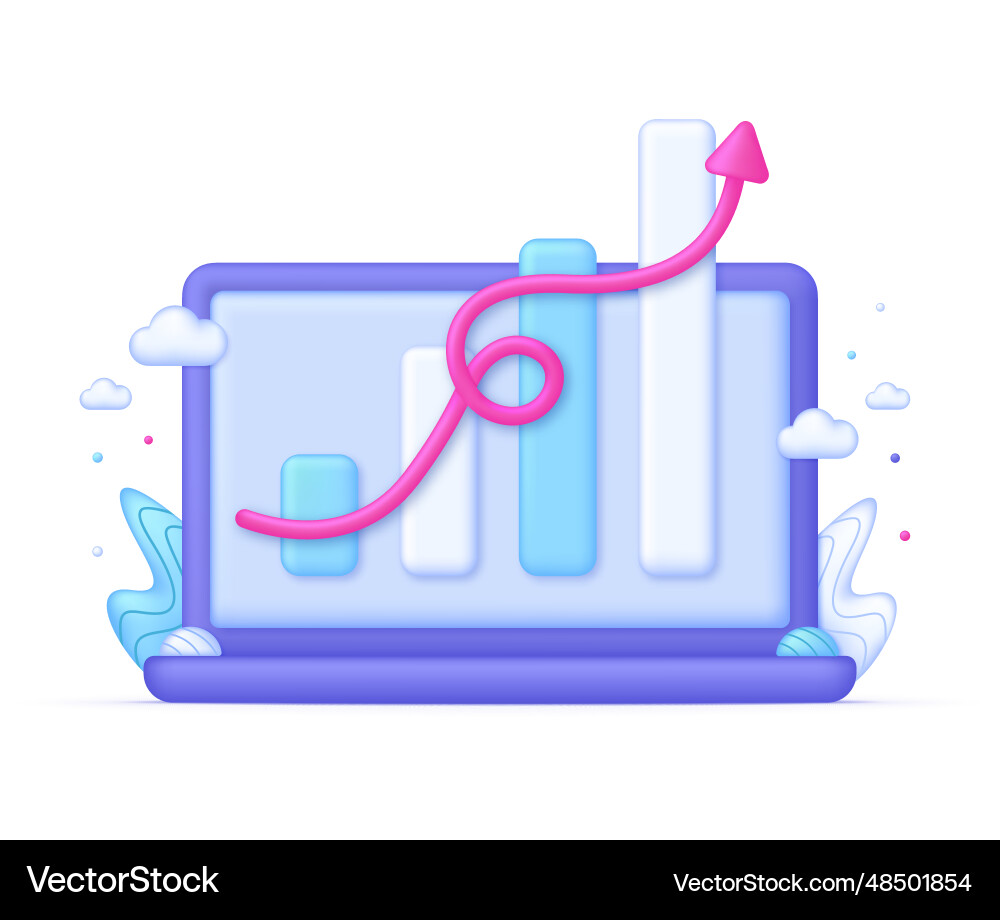 3d computer and growing bar graph 3d computer and growing bar graph vector image