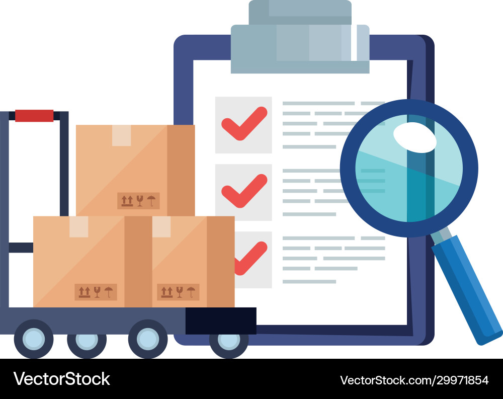 Boxes over cart lupe and list document Vector Image
