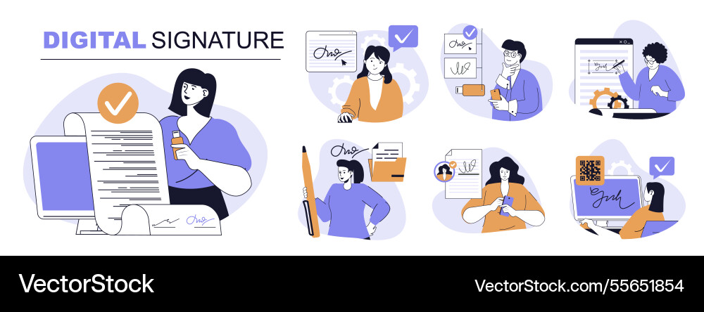 Digital signature concept set in flat web design Digital signature concept set in flat web design Vector Image