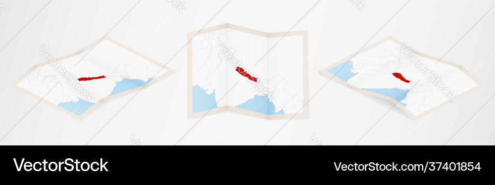 Folded map nepal in three different versions Vector Image