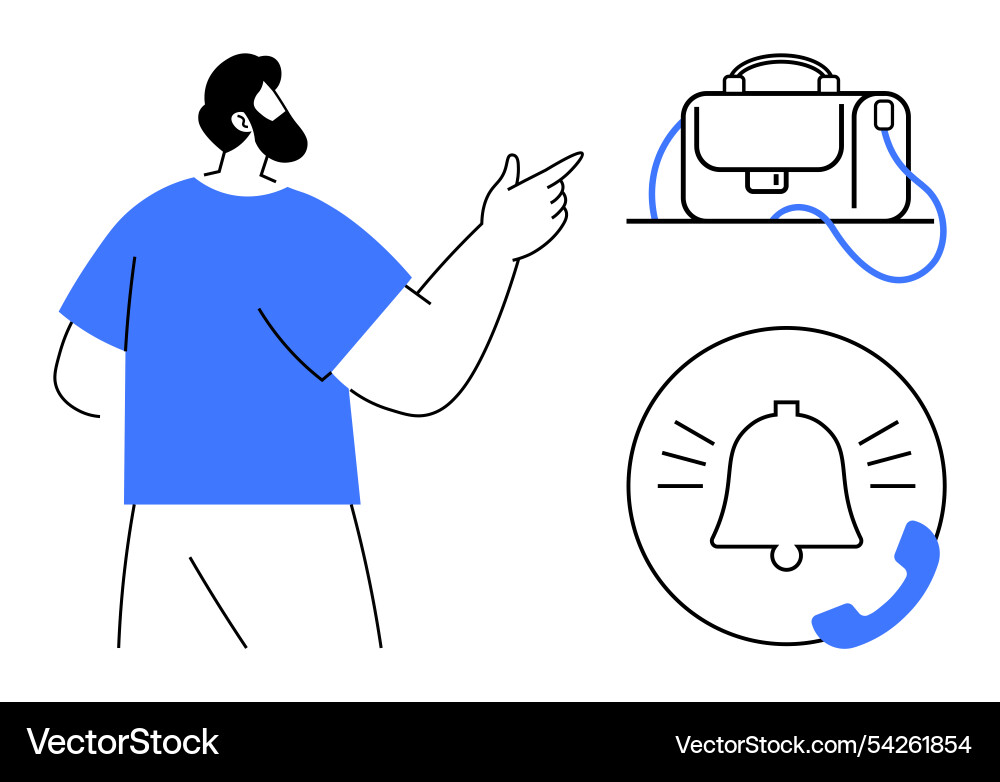 Man pointing at briefcase and notification symbols Man pointing at briefcase and notification symbols vector image