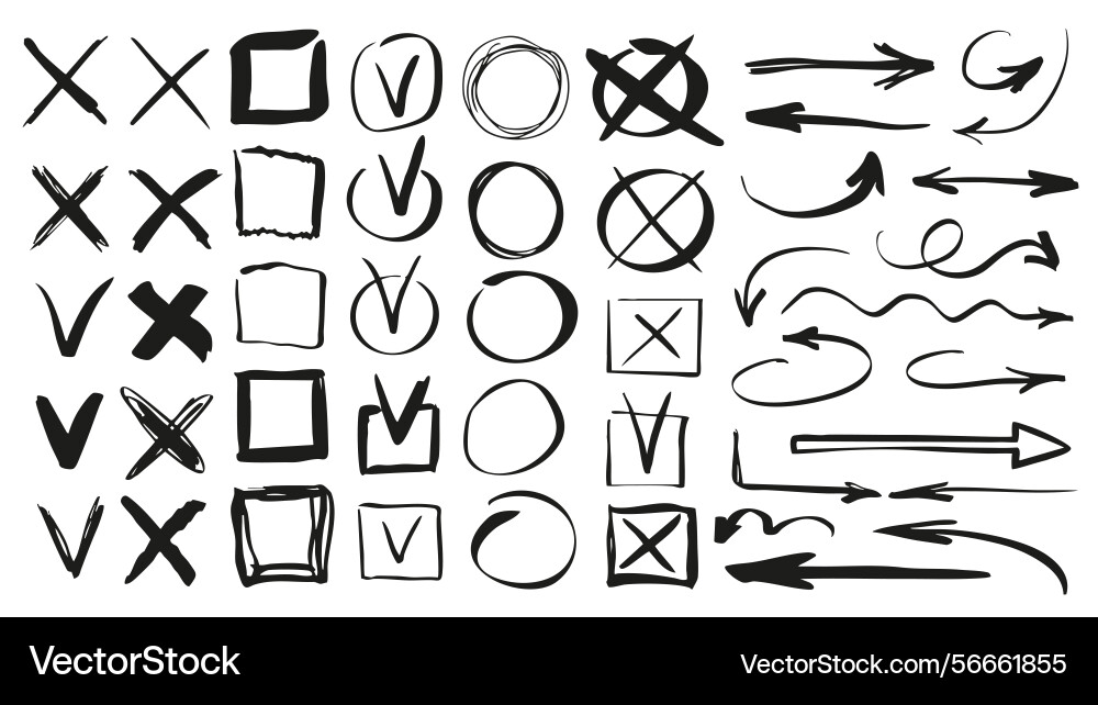 Check marks and arrows set of marker brush stroke vector image
