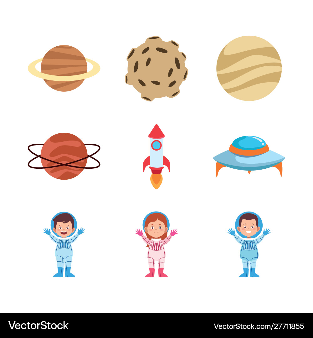 Icon set cartoon astronauts and planets Icon set cartoon astronauts and planets vector image