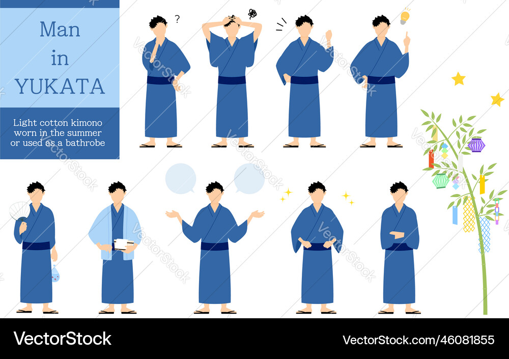 Pose set of men in yukata questioning worrying Pose set of men in yukata questioning worrying Vector Image