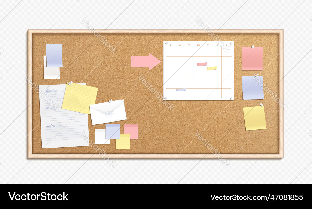 Realistic cork board with memo papers vector image