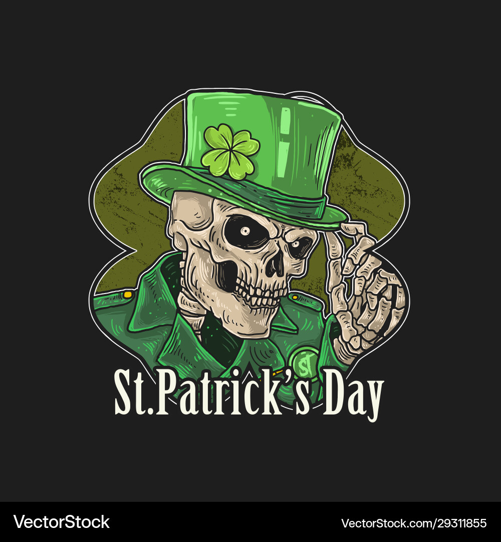 Saint patricks day skeleton green hat with clover Saint patricks day skeleton green hat with clover vector image