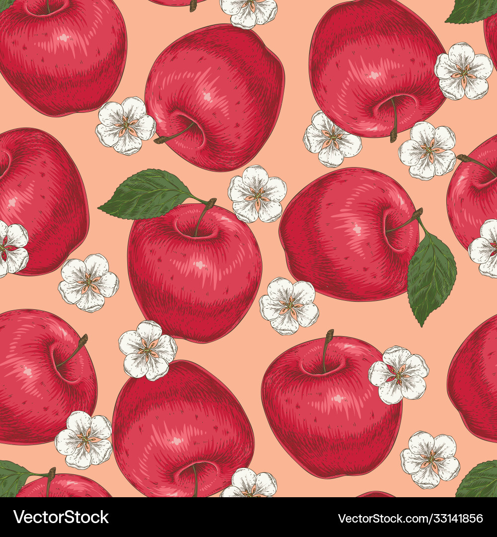 Seamless pattern with red apples and flowers Seamless pattern with red apples and flowers Vector Image
