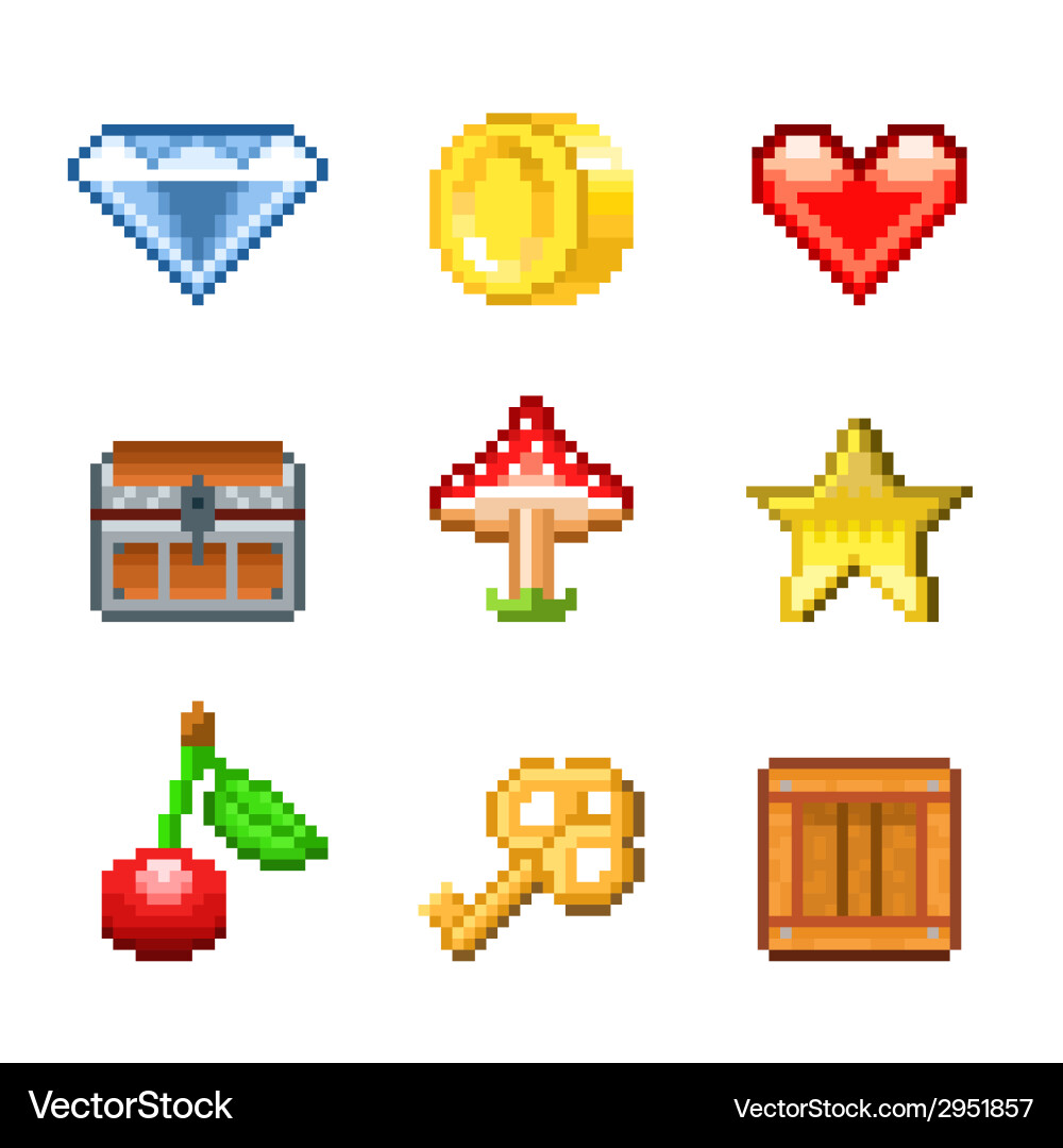 Pixel Game Icons - Set of Objects vector image