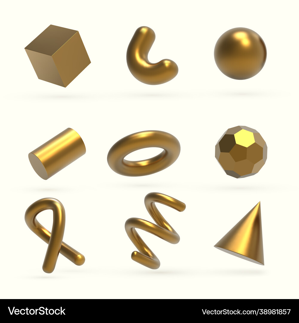 Realistic 3d golden geometric shapes objects Realistic 3d golden geometric shapes objects vector image