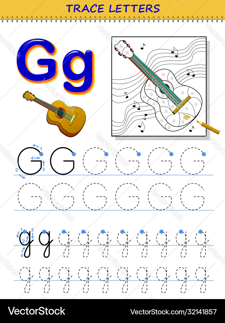 Tracing letter g for study alphabet printable Tracing letter g for study alphabet printable vector image