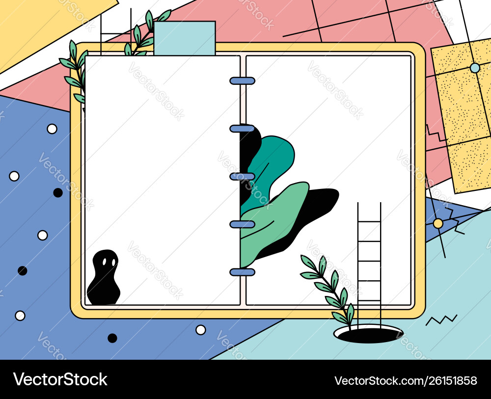 Abstract composition with open notepad and plants Abstract composition with open notepad and plants Vector Image