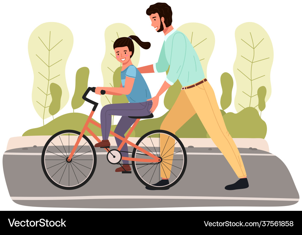 Dad lehrt Tochter zum ersten Mal Fahrrad fahren Dad lehrt Tochter zum ersten Mal Fahrrad fahren vektorbild