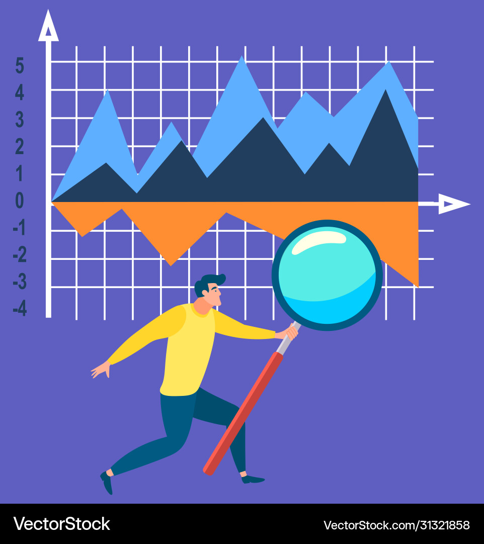 Man look at statistics chart with magnifying glass Vector Image