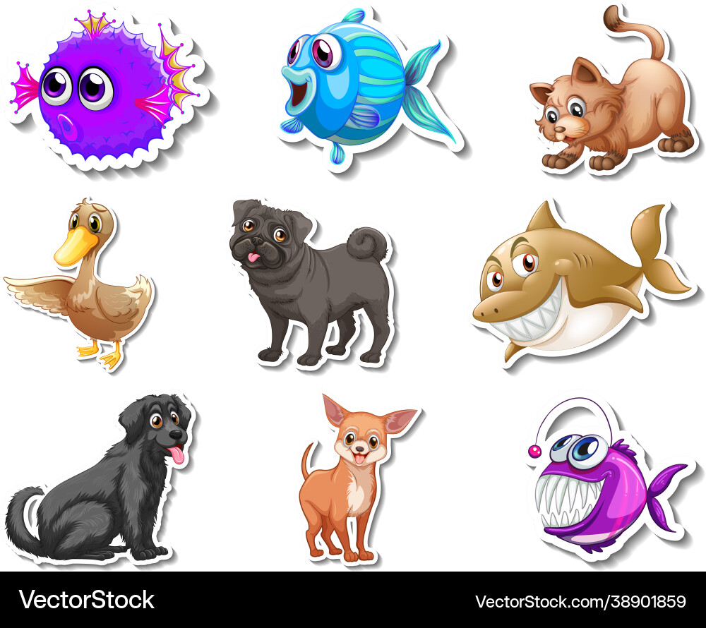 Set stickers with sea animals and dogs cartoon Set stickers with sea animals and dogs cartoon vector image