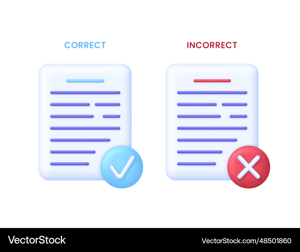 3d document icons set with check and cross marks Vector Image