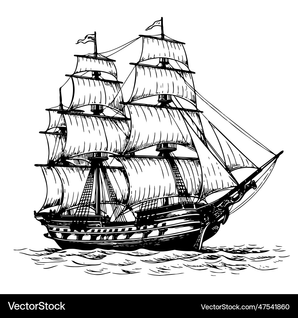Vintage pirate ship sketch hand drawn in engraving Vintage pirate ship sketch hand drawn in engraving vector image