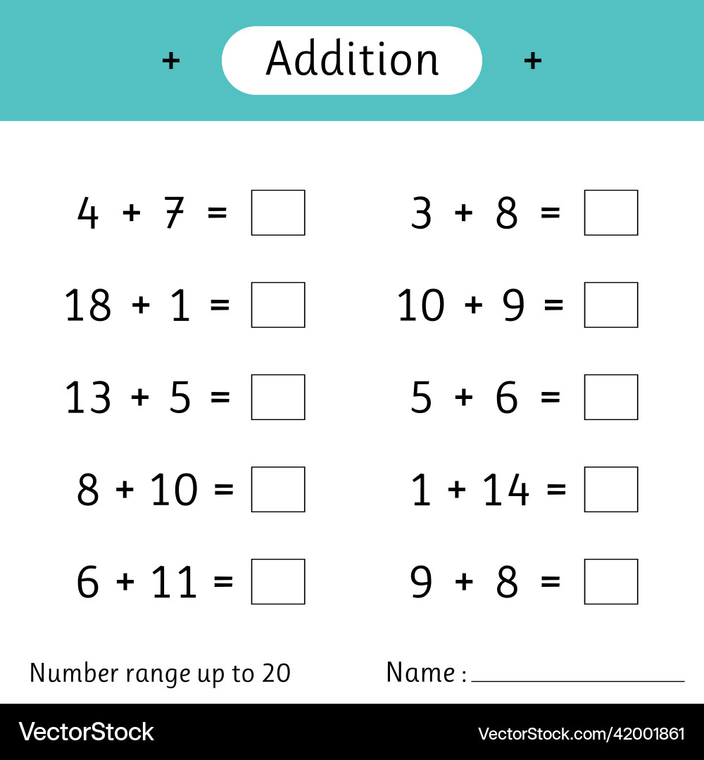 Addition Worksheet - Numbers 1 to 20 Vector Image