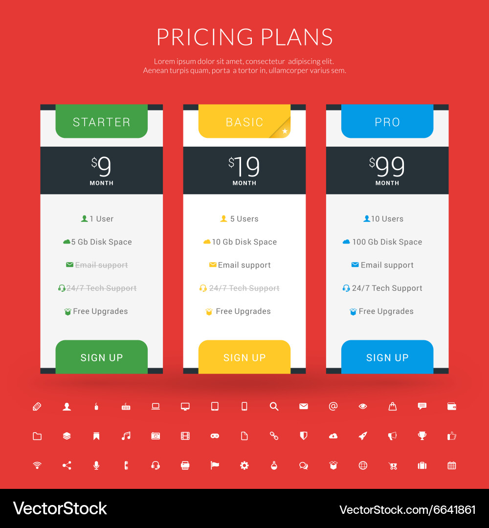 Design template for pricing table with icon set vector image