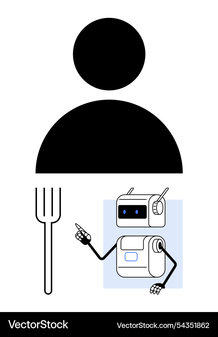 Black user icon above fork and pointing robot Vector Image