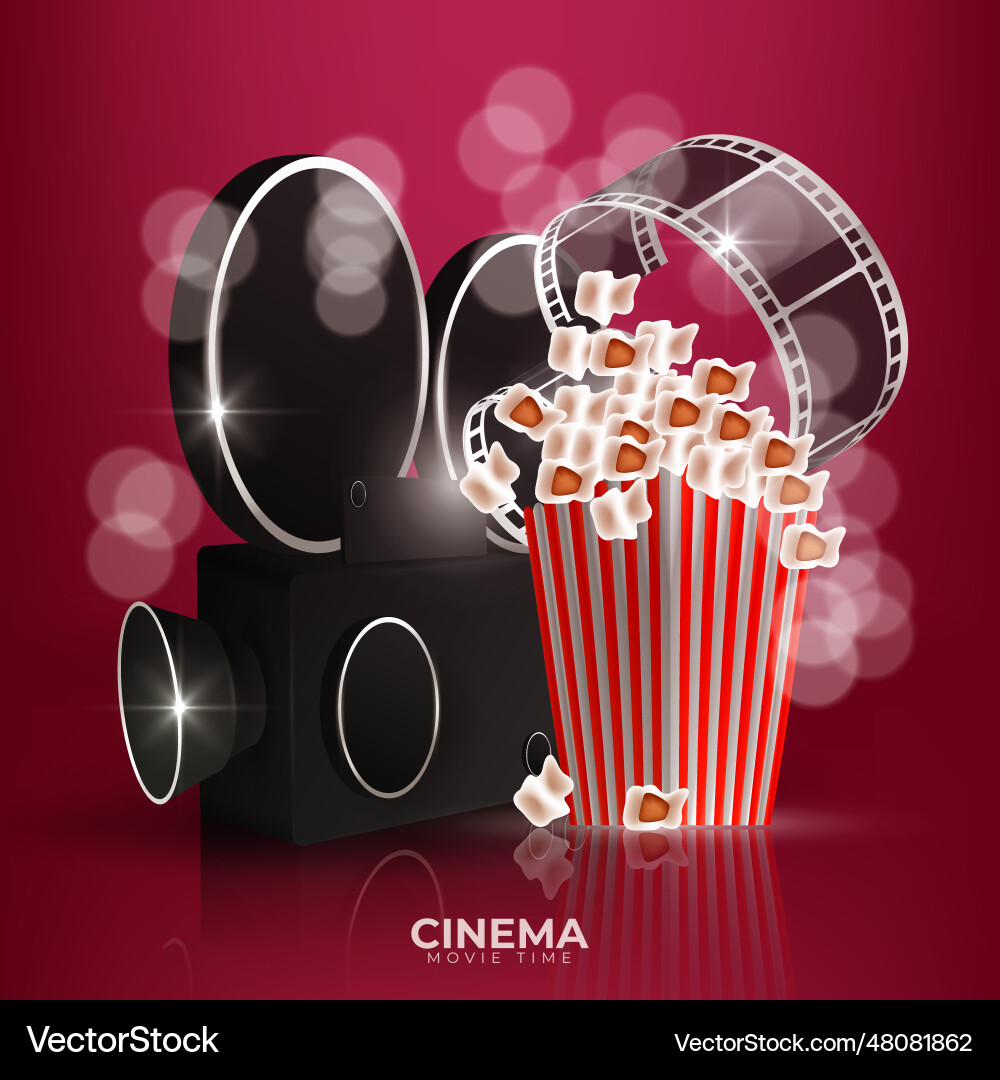 Cinema red background with 3d realistic objects Cinema red background with 3d realistic objects Vector Image