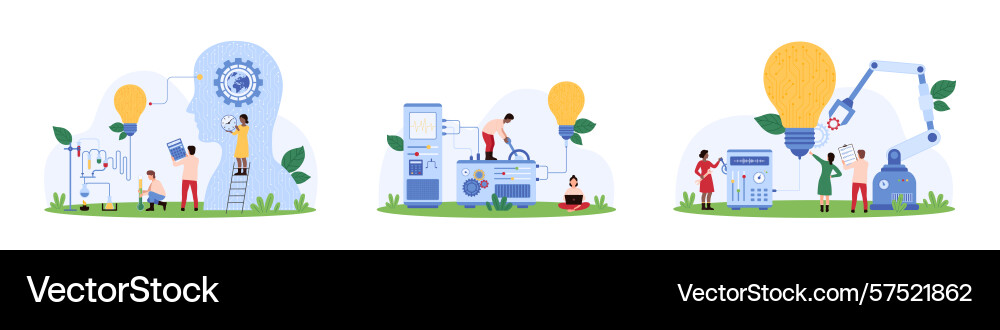 Idea creation with ai set tiny people and robot vector image