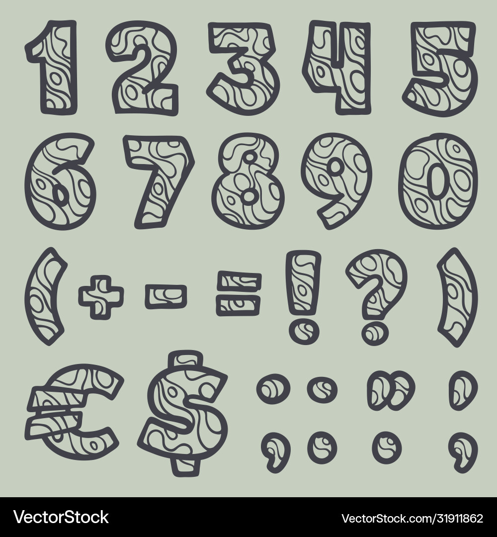 Numbers set and punctuation marks with waves line vector image