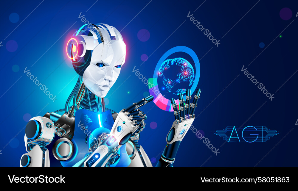 Ein Roboter oder Cyborg mit ai hält Projektion Ein Roboter oder Cyborg mit ai hält Projektion Vektorbild