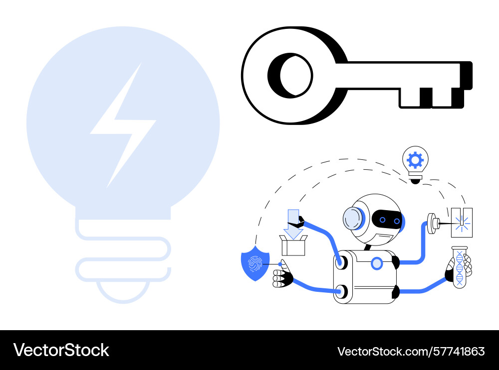 Robot managing tasks with lightbulb symbol and key Robot managing tasks with lightbulb symbol and key vector image