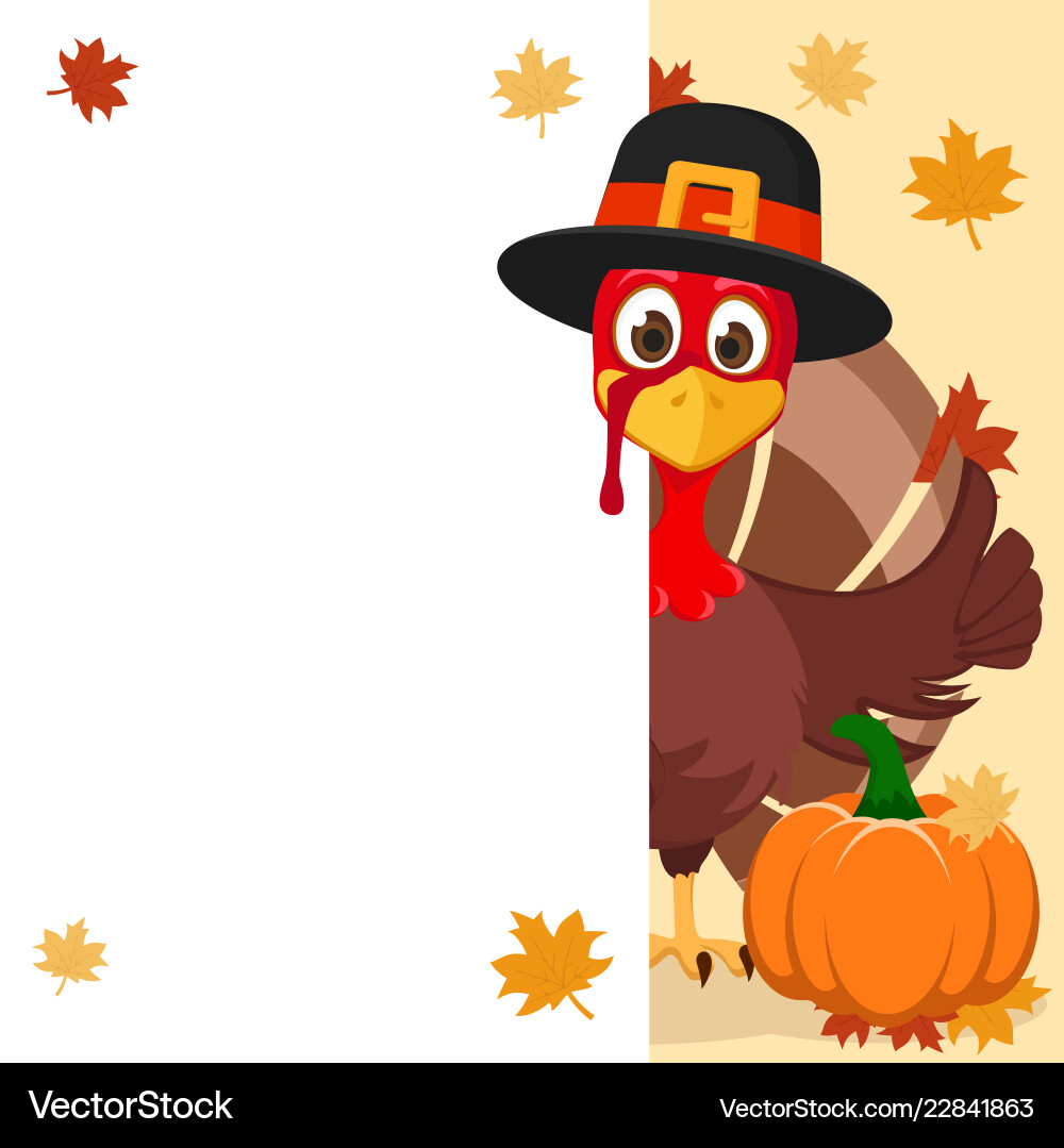 Turkey in hat peeps out from behind the white Turkey in hat peeps out from behind the white vector image
