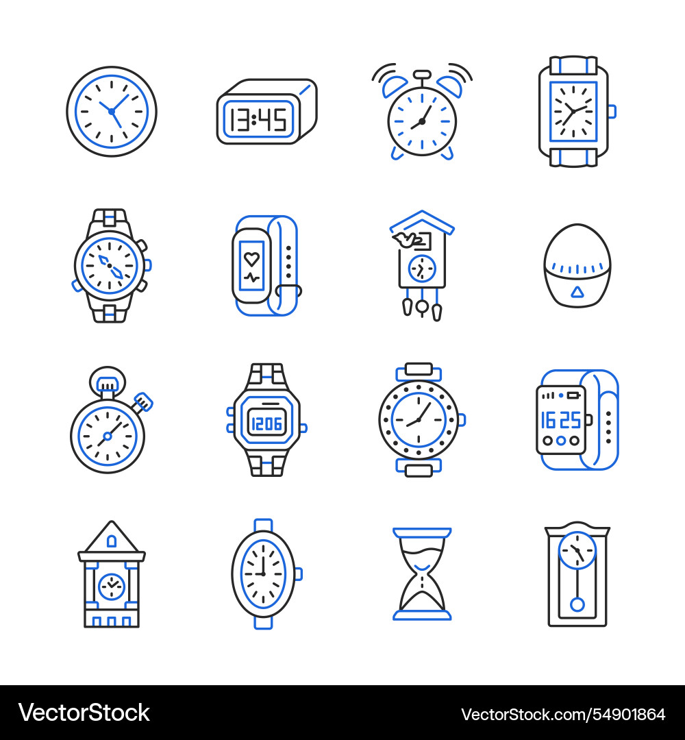 Clock line color icon set time measuring symbol Clock line color icon set time measuring symbol vector image