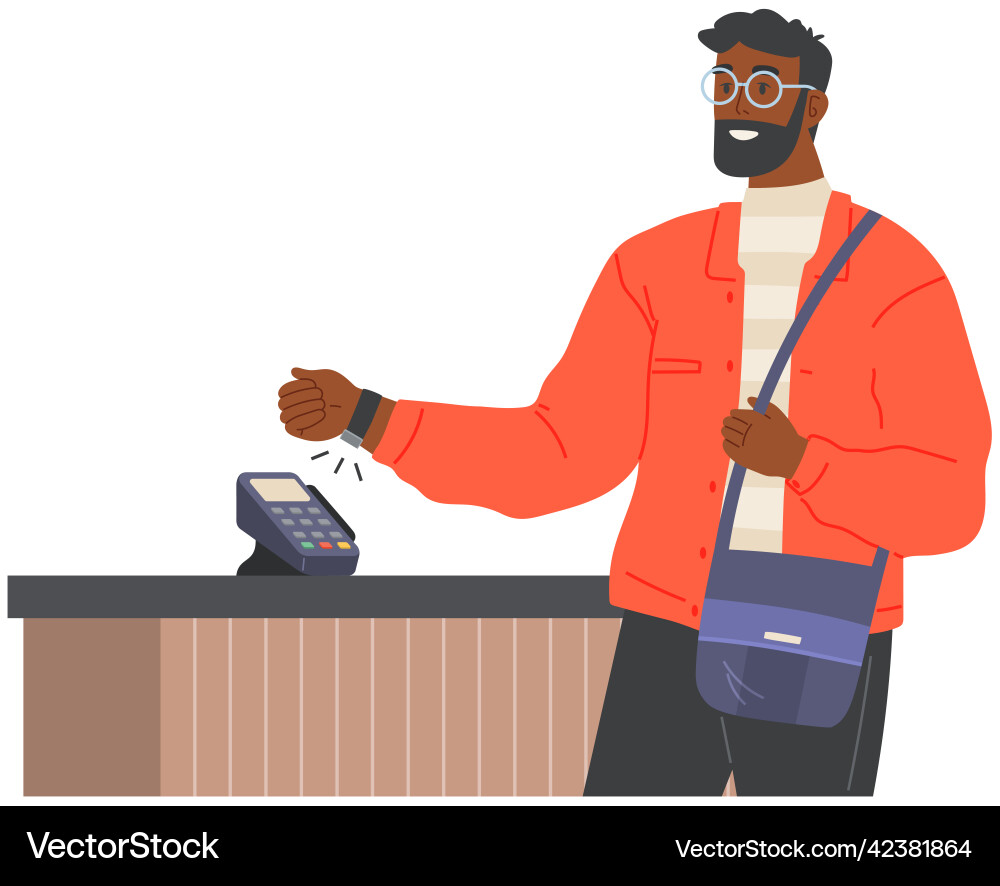 Man with smart watch pays via pos terminal Man with smart watch pays via pos terminal vector image