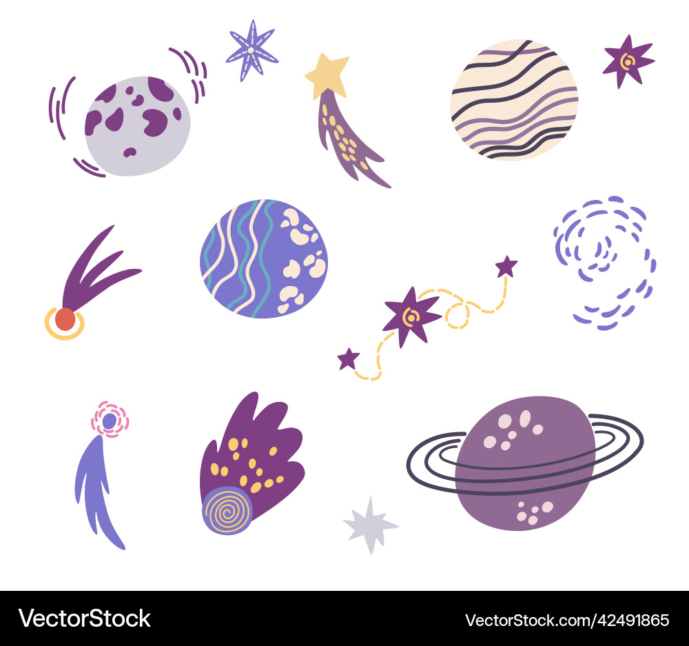 Planets and shooting stars set space objects Planets and shooting stars set space objects vector image
