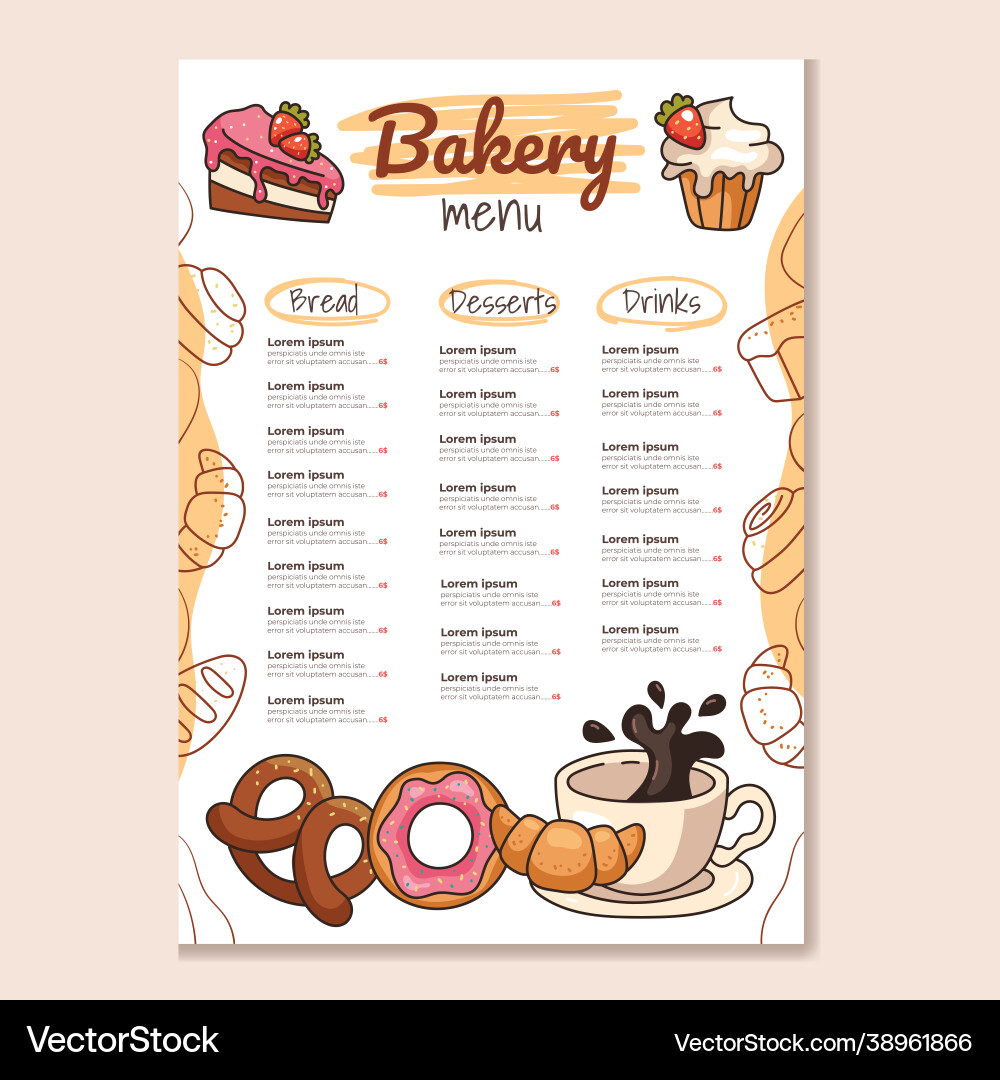 Bakery main menu template mock for cafe Bakery main menu template mock for cafe vector image