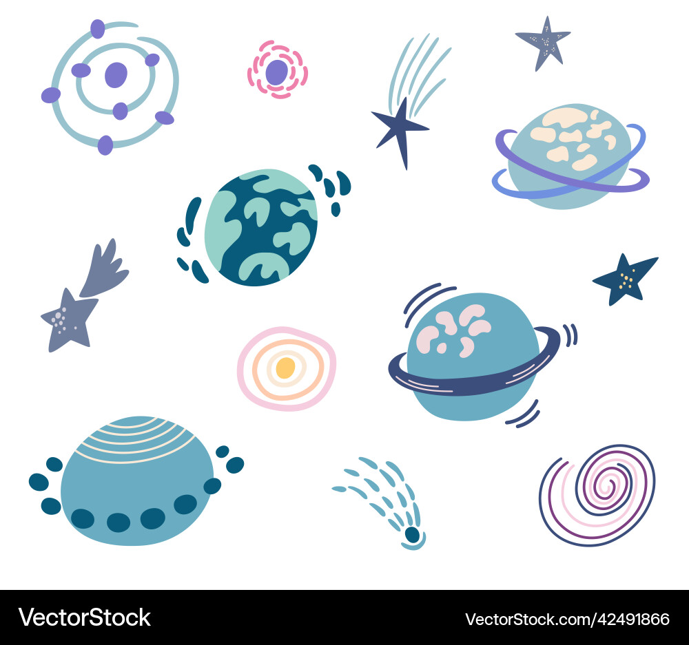 Planets and shooting stars set space objects Vector Image