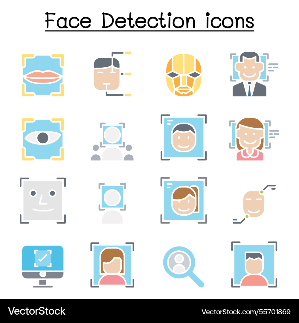 Face detection recognition icon set in flat Face detection recognition icon set in flat vector image