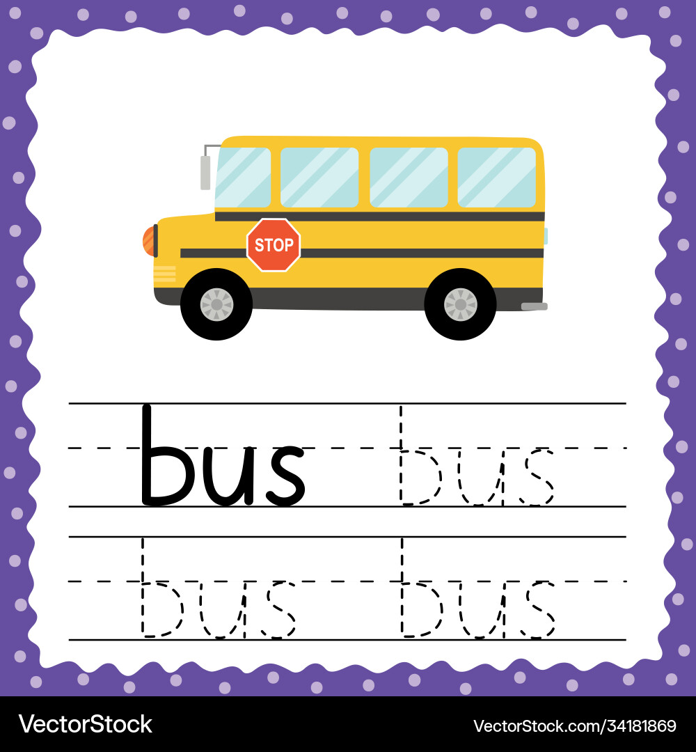 Toddler Bus Tracing Flashcard - ABC Practice Vector Image