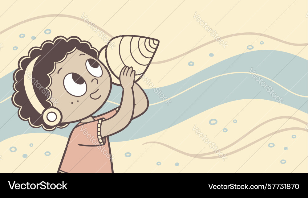 Curious child exploring seashell on beach design Vector Image