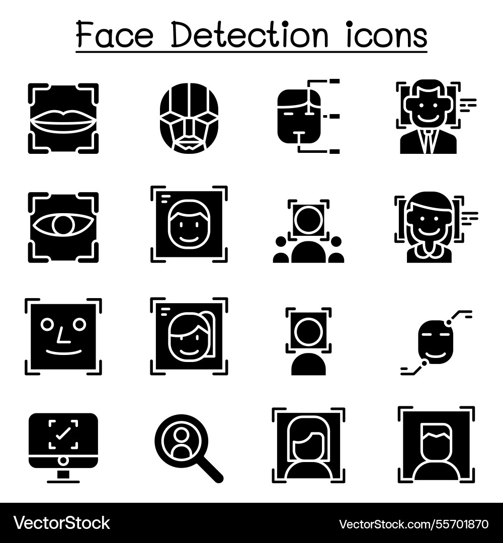 Face detection recognition icon set in glyph Face detection recognition icon set in glyph vector image