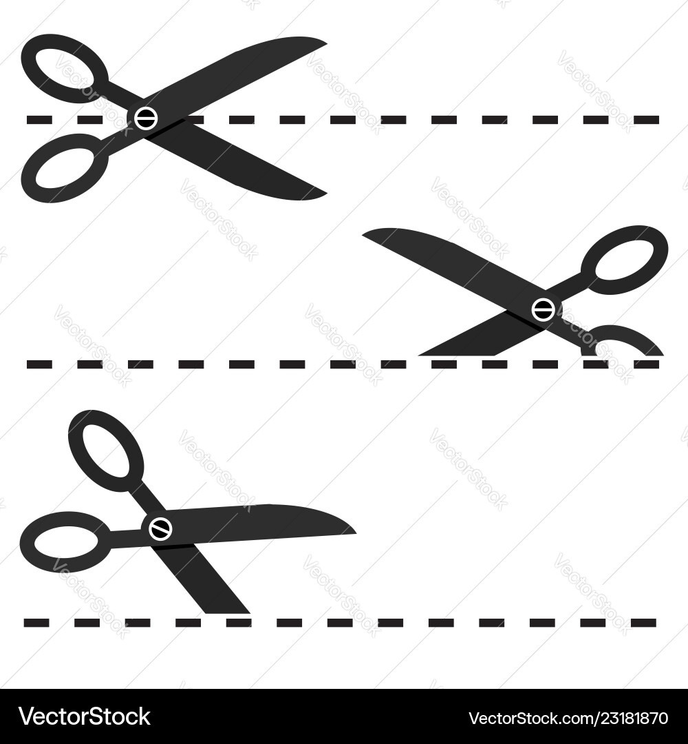 Set of black scissors with cut lines isolated Set of black scissors with cut lines isolated Vector Image