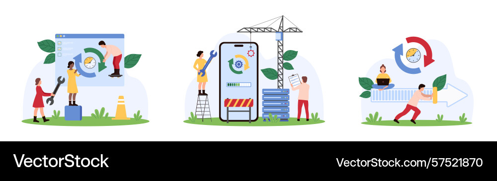 Software and mobile app update process set tiny Software and mobile app update process set tiny vector image