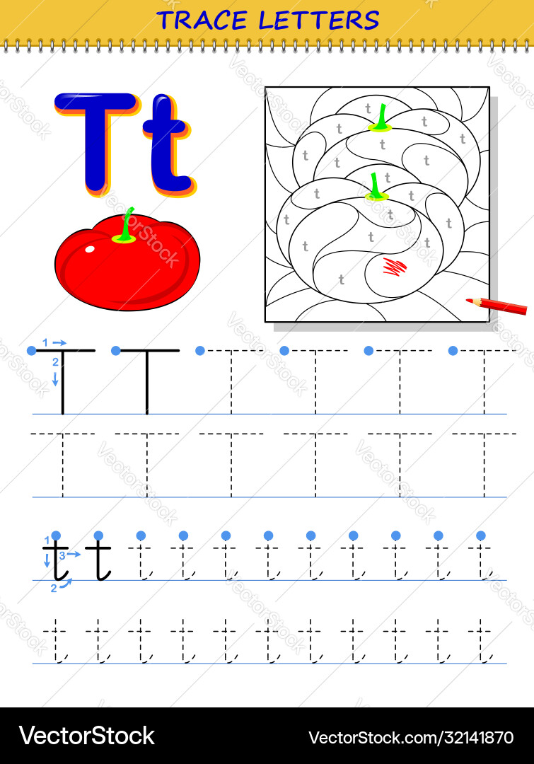 Tracing Letter T Worksheet for Kids Vector Image