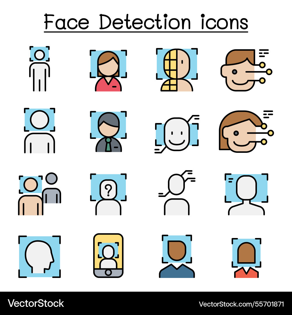 Face detection recognition icon set in colorline Face detection recognition icon set in colorline vector image